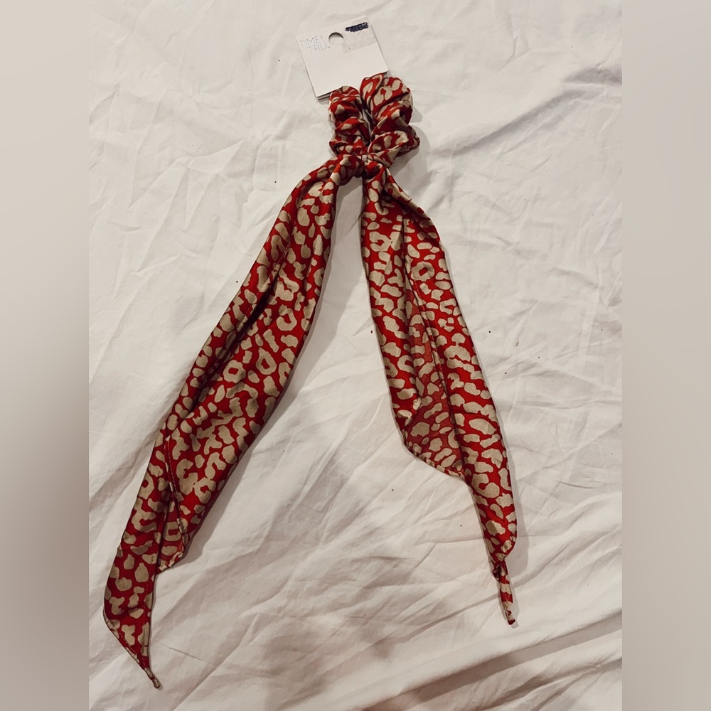 Red and Tan Leopard Scarf Scrunchie with Tag